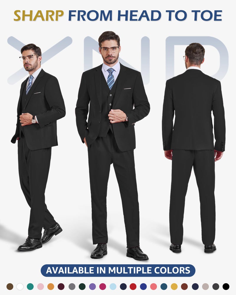 YND Men's 3 Piece Suit Set with Tie, 2 Button Slim Fit Solid Blazer Jacket Vest Pants, Business Wedding Party Suits for Men, Black - Image 2